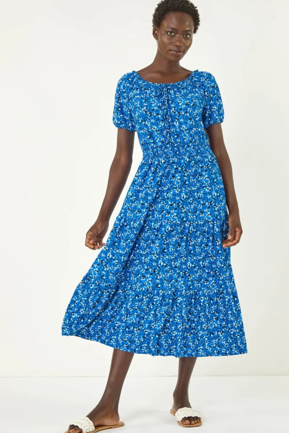 Dresses>Roman Royal Blue Ditsy Print Frill Stretch Midi Dress