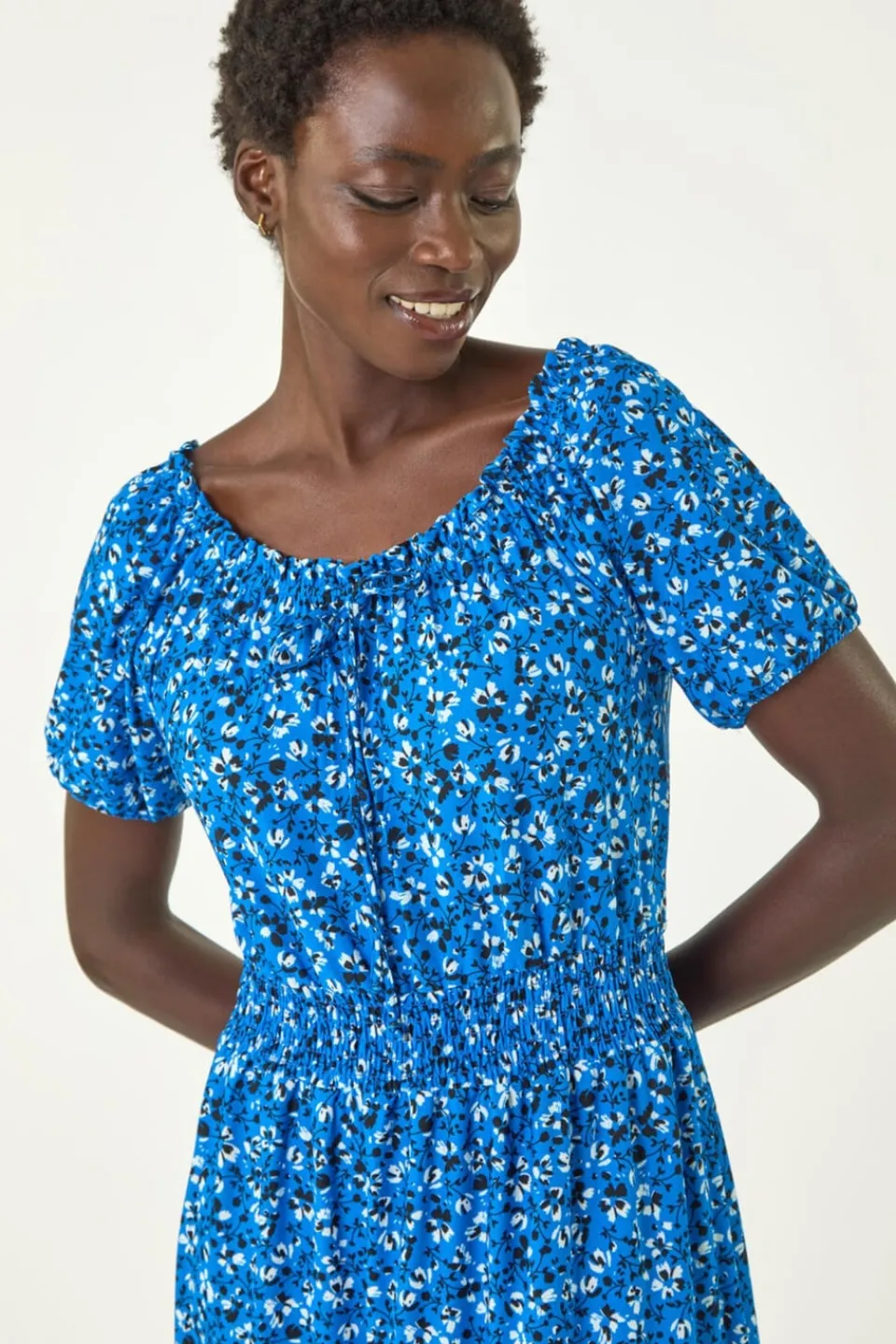 Dresses>Roman Royal Blue Ditsy Print Frill Stretch Midi Dress
