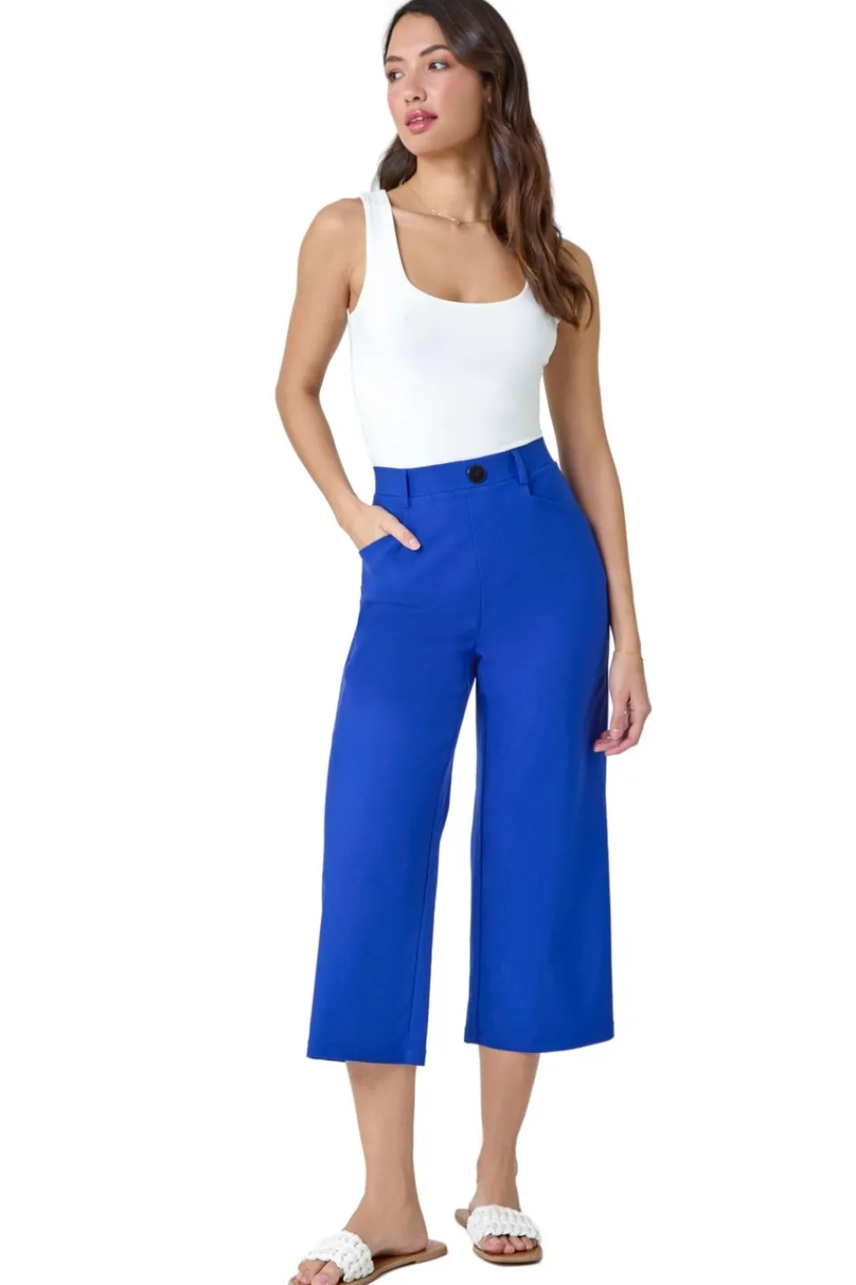 Trousers>Roman Royal Blue Elastic Waist Stretch Cropped Culotte