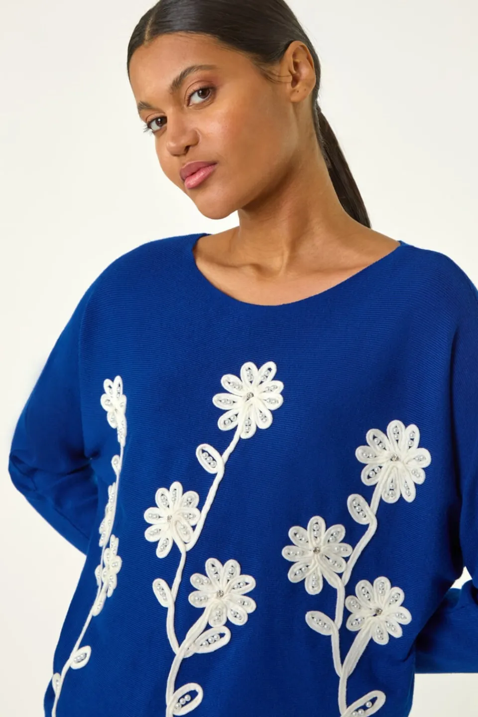 Tops>Roman Royal Blue Floral Embroidery Knit Jumper