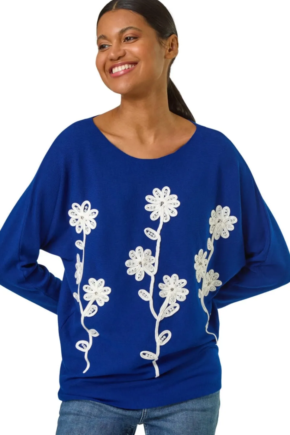 Tops>Roman Royal Blue Floral Embroidery Knit Jumper
