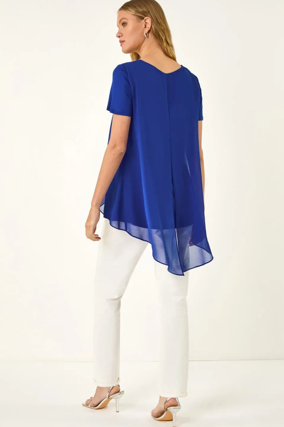 Blouses & Shirts>Roman Royal Blue Ring Front Chiffon Overlay Top
