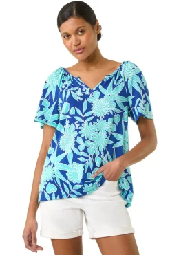 T-Shirts>Roman Royal Blue Textured Print Notch Neck Top