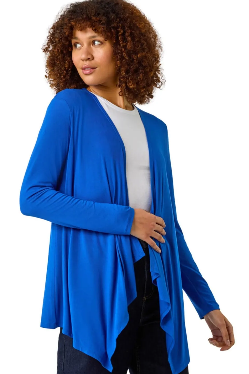 Tops>Roman Royal Waterfall Front Jersey Knit Cardigan Blue