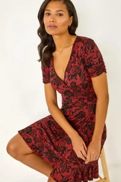 Dresses>Roman Rust Floral Print Wrap Frill Stretch Dress