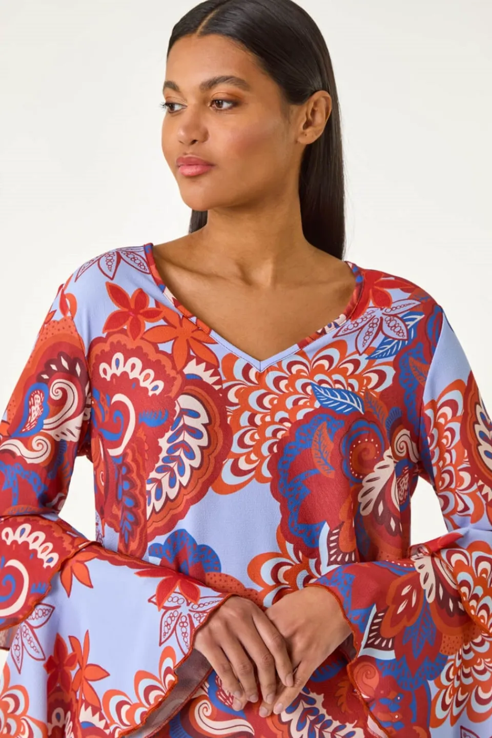 Tops>Roman Rust Paisley Print Flared Sleeve Top