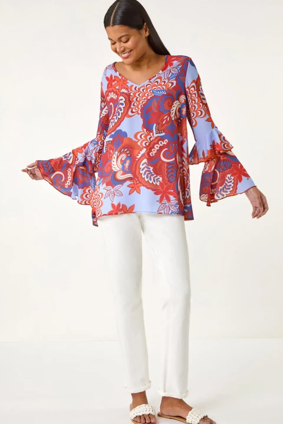 Tops>Roman Rust Paisley Print Flared Sleeve Top