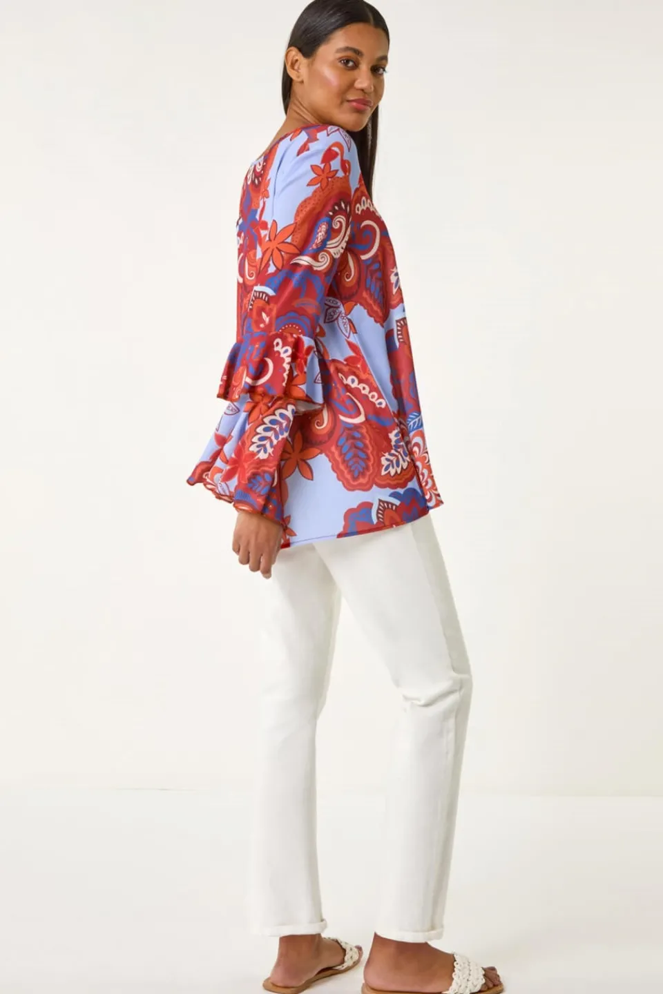 Tops>Roman Rust Paisley Print Flared Sleeve Top