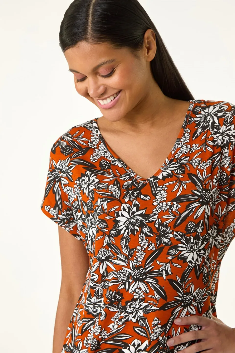 Tops>Roman Rust Printed V Neck Banded Hem Top