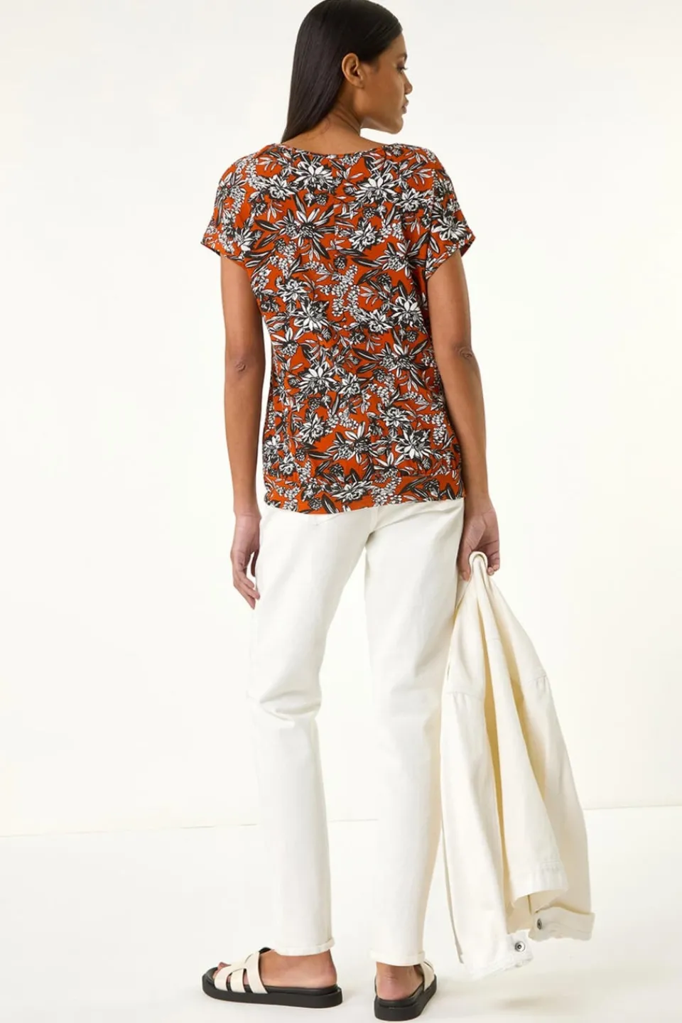 Tops>Roman Rust Printed V Neck Banded Hem Top