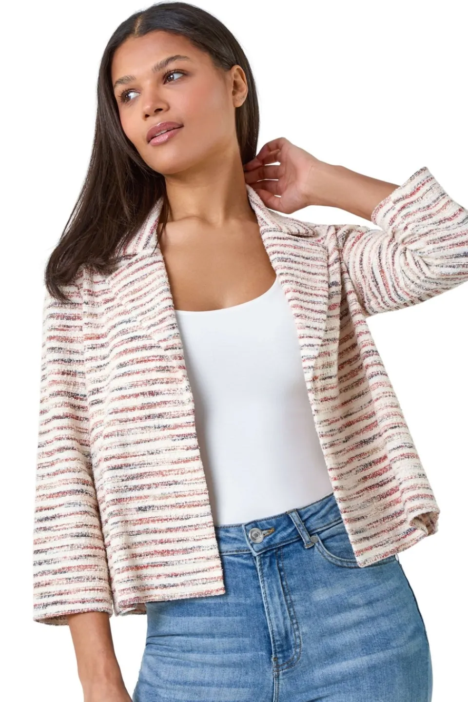 Coats & Jackets>Roman Rust Stripe Textured 3/4 Sleeve Cotton Blend Jacket