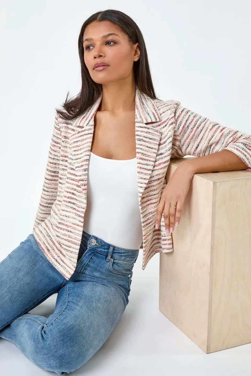 Coats & Jackets>Roman Rust Stripe Textured 3/4 Sleeve Cotton Blend Jacket