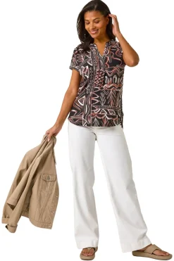 Tops>Roman Rust Textured Ikat Print Stretch Top