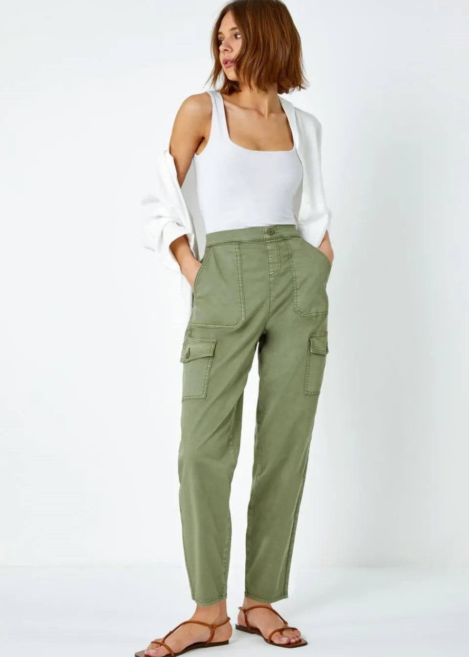 Trousers>Roman Casual Elastic Waist Cargo Stretch Trousers Sage