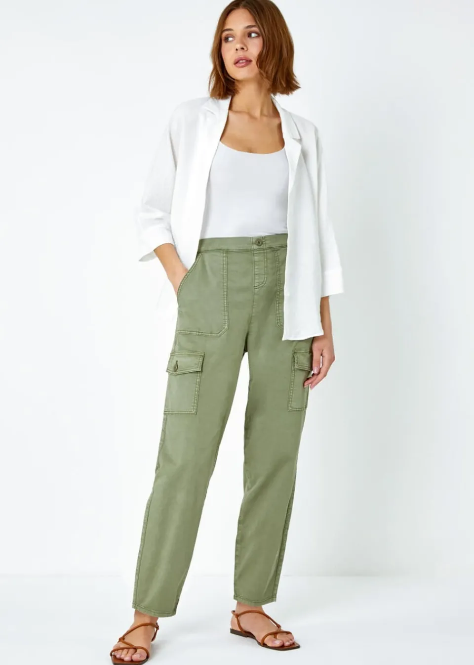 Trousers>Roman Casual Elastic Waist Cargo Stretch Trousers Sage