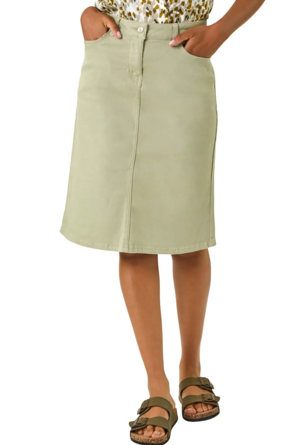 Skirts>Roman Cotton Denim Stretch A line Skirt Sage