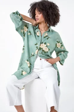 Tops>Roman Sage Floral Cotton Blend Longline Tunic Shirt