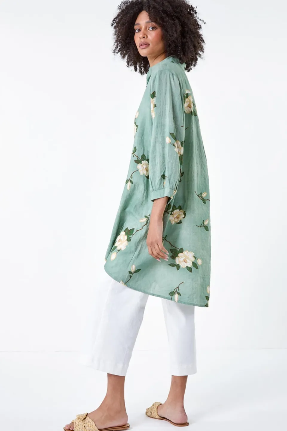 Tops>Roman Sage Floral Cotton Blend Longline Tunic Shirt