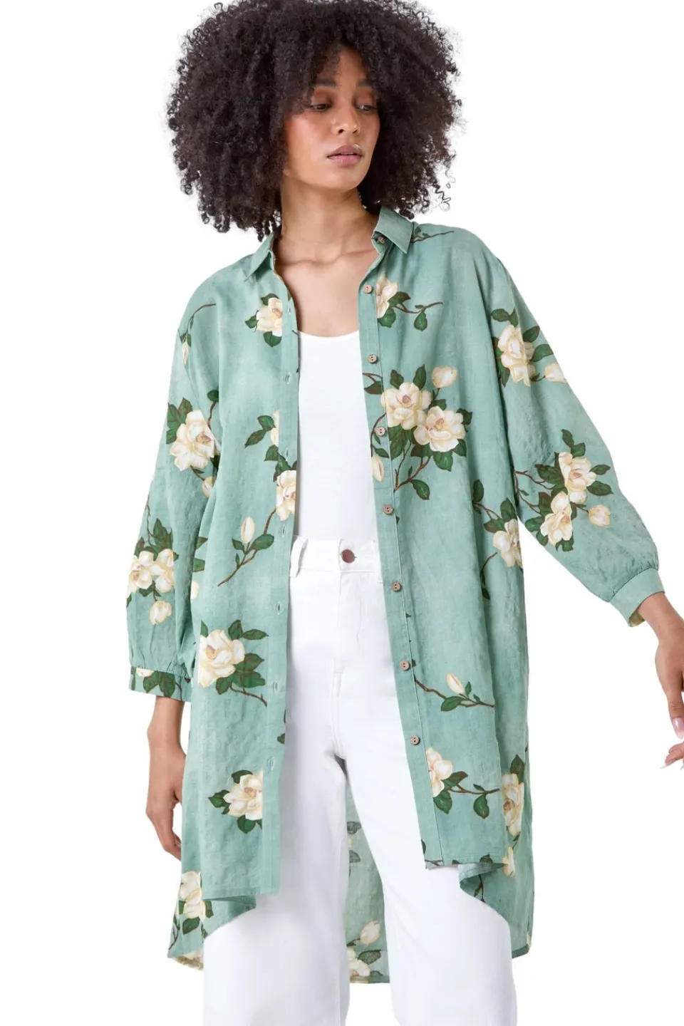 Tops>Roman Sage Floral Cotton Blend Longline Tunic Shirt