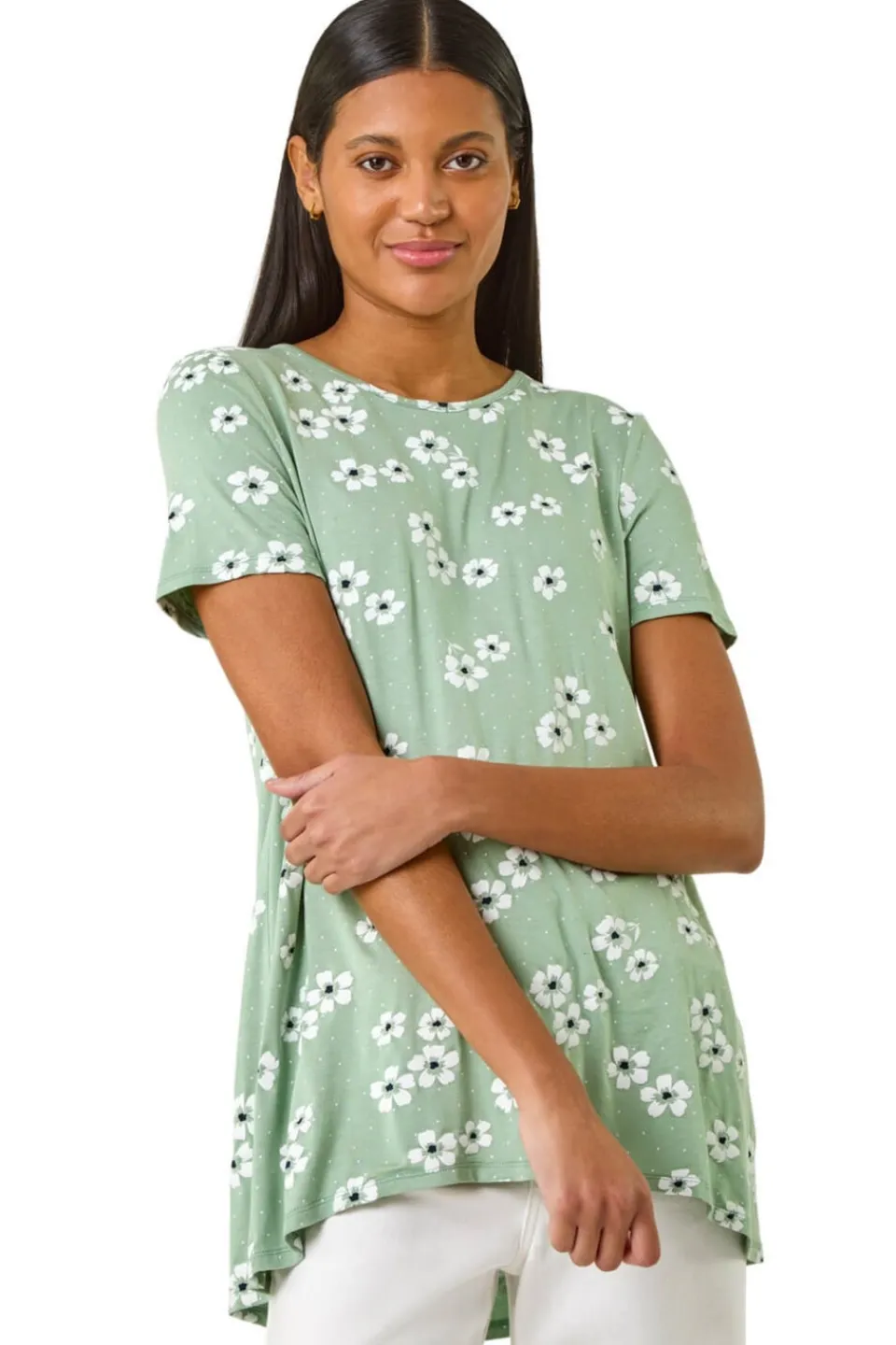 Tops>Roman Sage Floral Spot Print Tunic Top