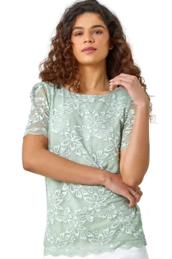 Tops>Roman Sage Floral Stretch Lace Top