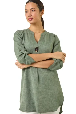 Tops>Roman Longline V Neck Button Tunic Top Sage