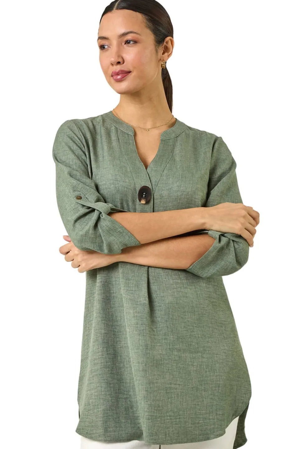 Tops>Roman Longline V Neck Button Tunic Top Sage
