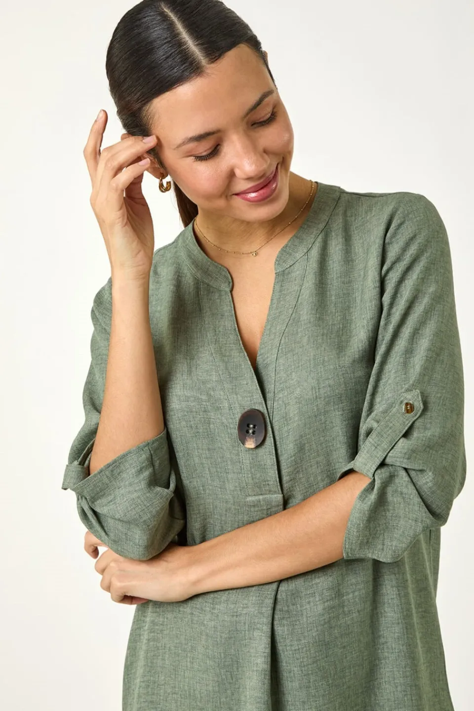 Tops>Roman Longline V Neck Button Tunic Top Sage