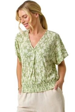 Tops>Roman Sage Petite Floral Print Crinkle Blouson Top