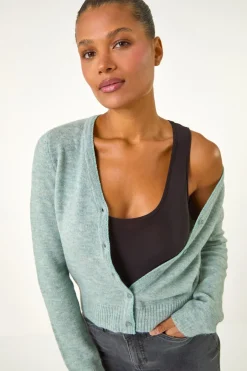 Tops>Roman Shimmer V-Neck Ribbed Cardigan Sage