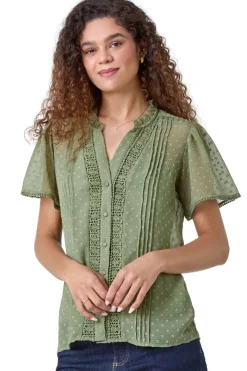 Tops>Roman Sage Textured Spot Lace Trim Blouse