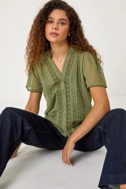 Tops>Roman Sage Textured Spot Lace Trim Blouse