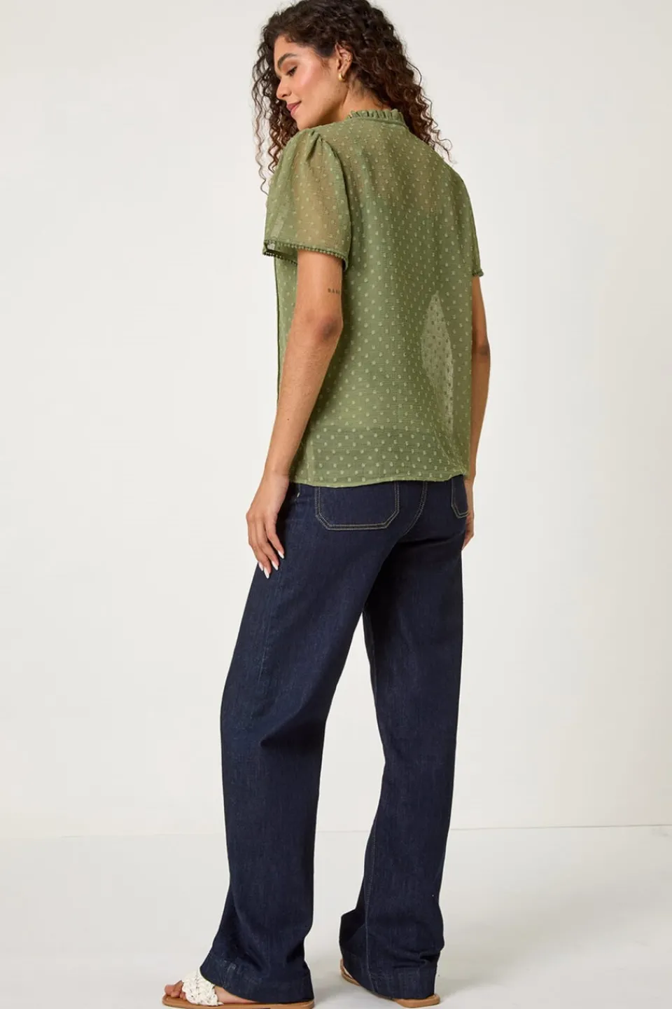 Tops>Roman Sage Textured Spot Lace Trim Blouse