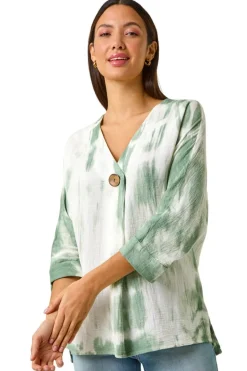 Tops>Roman Sage Tie Dye Print V Neck Tunic Top