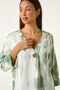 Tops>Roman Sage Tie Dye Print V Neck Tunic Top