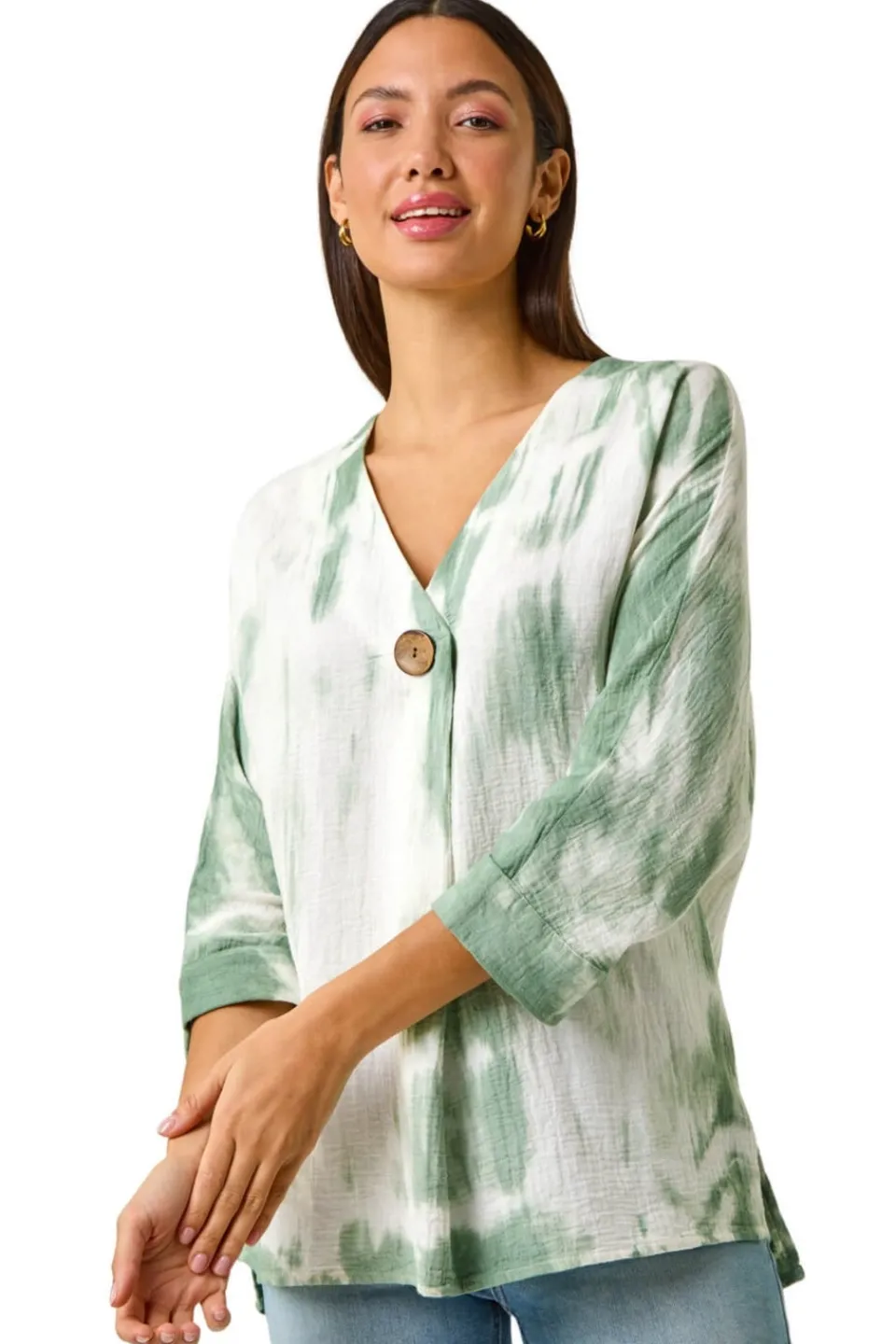 Tops>Roman Sage Tie Dye Print V Neck Tunic Top