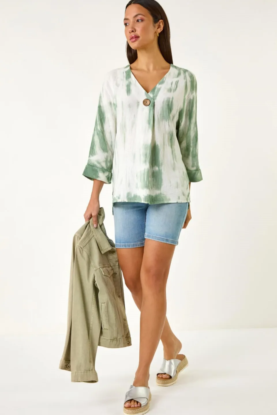 Tops>Roman Sage Tie Dye Print V Neck Tunic Top