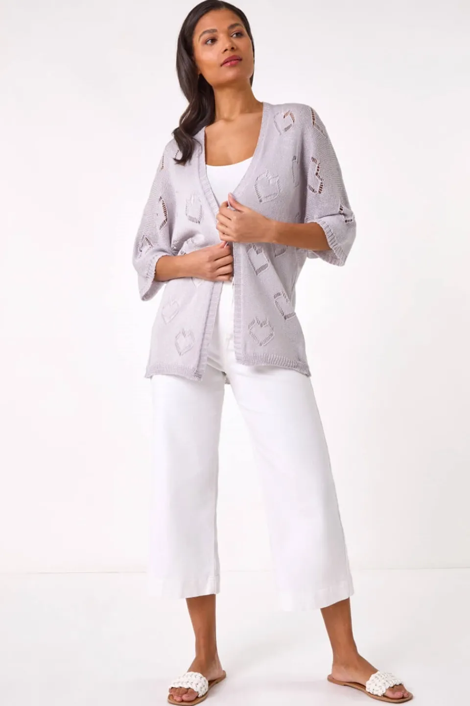 Tops>Roman Silver Pointelle Heart Knit Cardigan