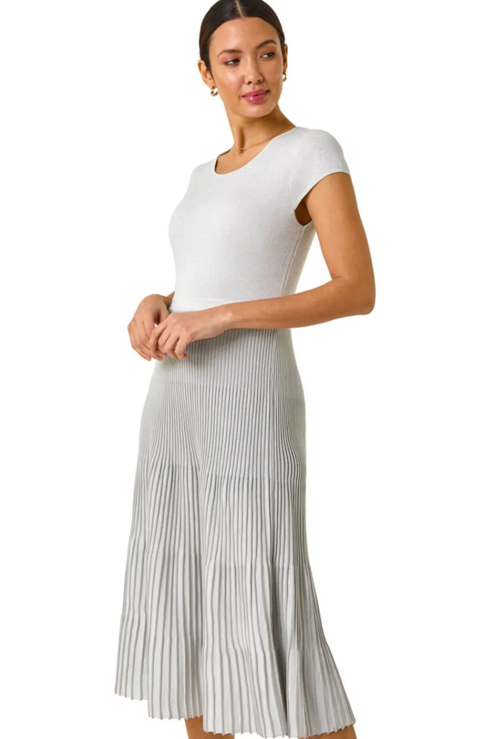 Knitwear>Roman Silver Shimmer Knit Pleated Dress