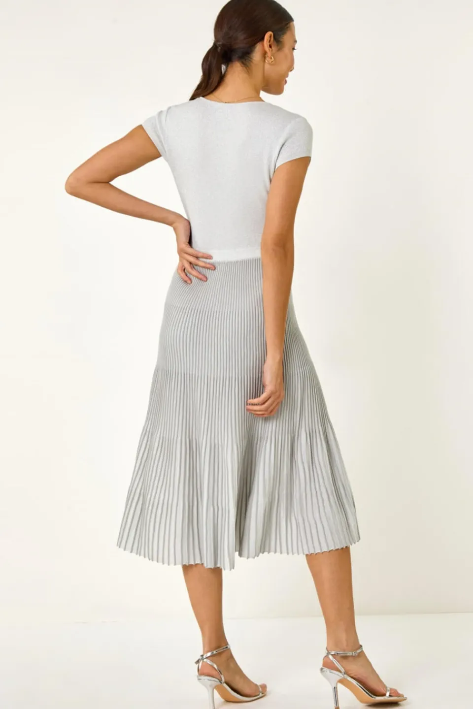 Knitwear>Roman Silver Shimmer Knit Pleated Dress