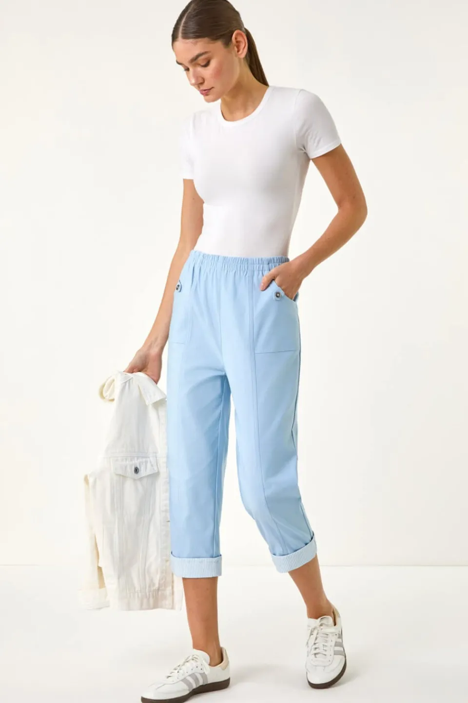 Trousers>Roman Sky Blue Contrast Detail Cropped Stretch trouser