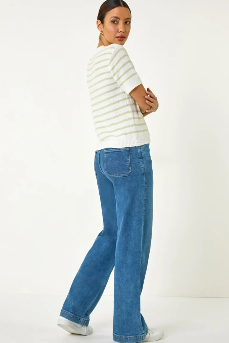 Tops>Roman Soft Green Dainty Stripe Knit Top