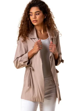 Coats & Jackets>Roman 3/4 Sleeve Tie Waist Longline Jacket Stone