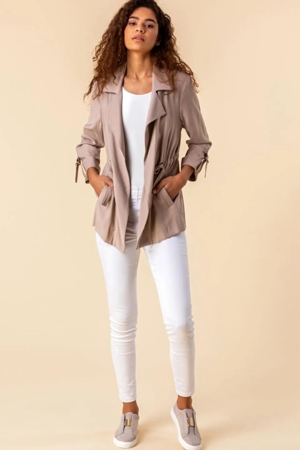 Coats & Jackets>Roman 3/4 Sleeve Tie Waist Longline Jacket Stone