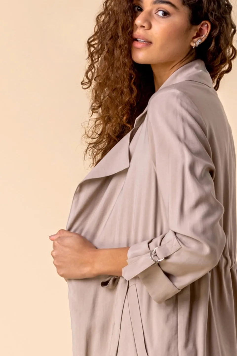 Coats & Jackets>Roman 3/4 Sleeve Tie Waist Longline Jacket Stone