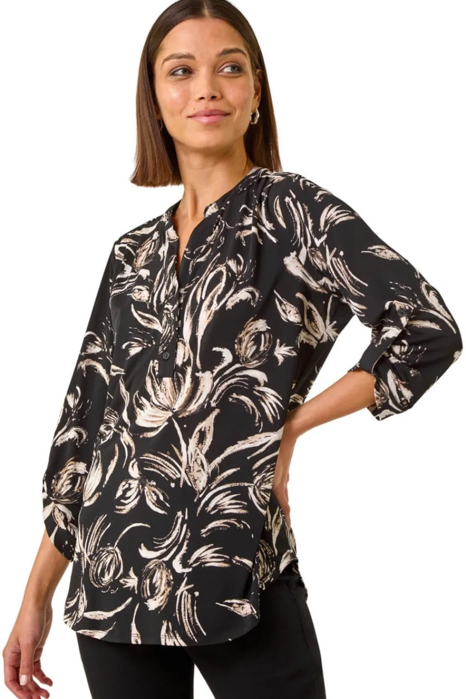 Tops>Roman Stone Abstract Print Shoulder Pleat Shirt