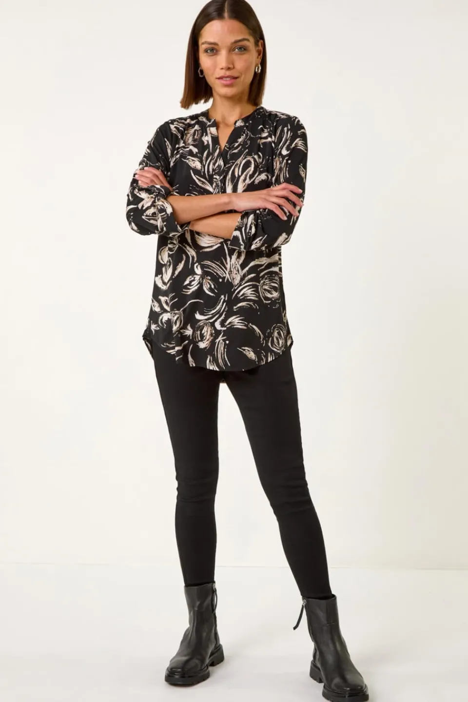 Tops>Roman Stone Abstract Print Shoulder Pleat Shirt