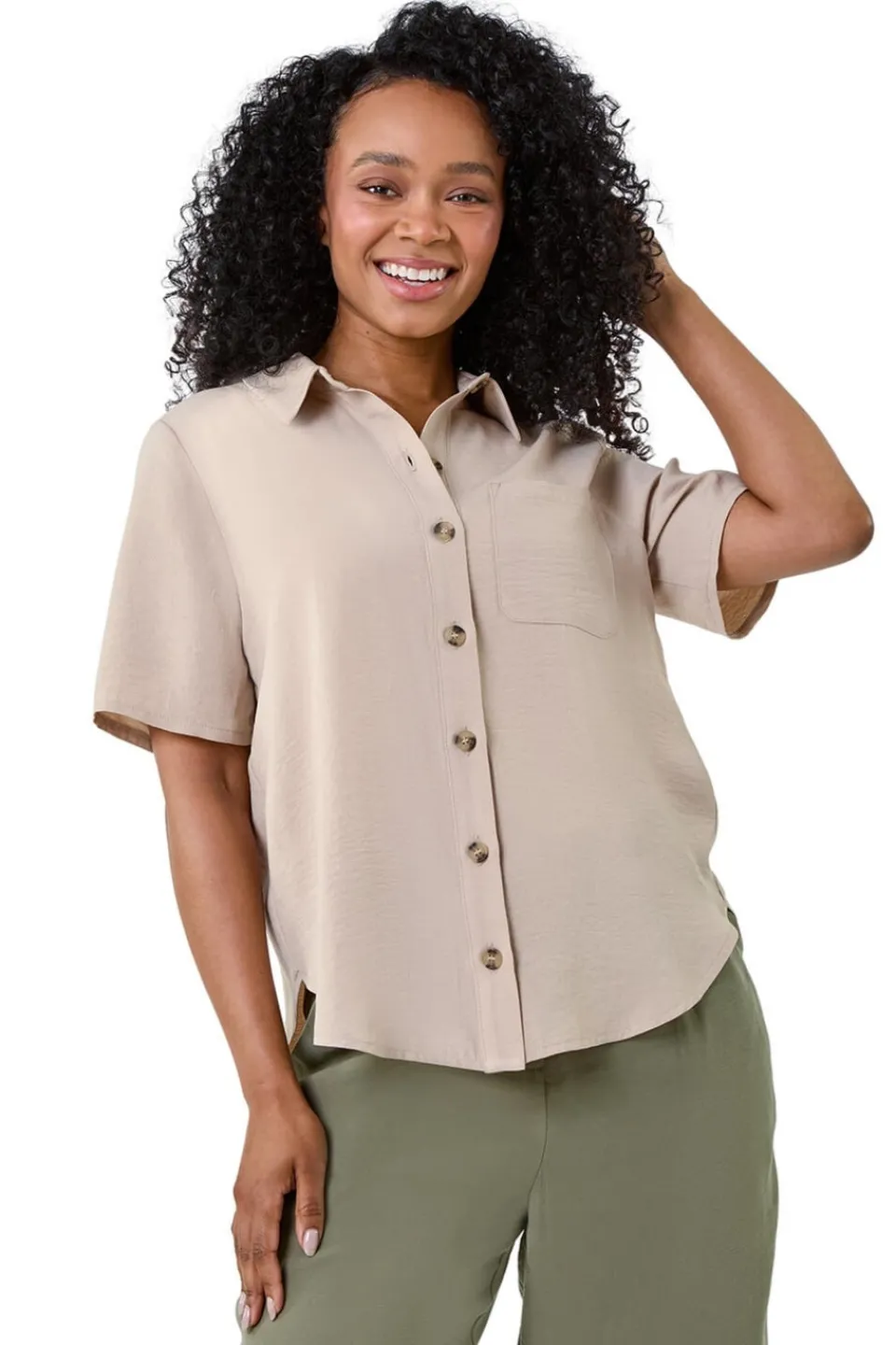 Tops>Roman Stone Petite Button Up Pocket Shirt