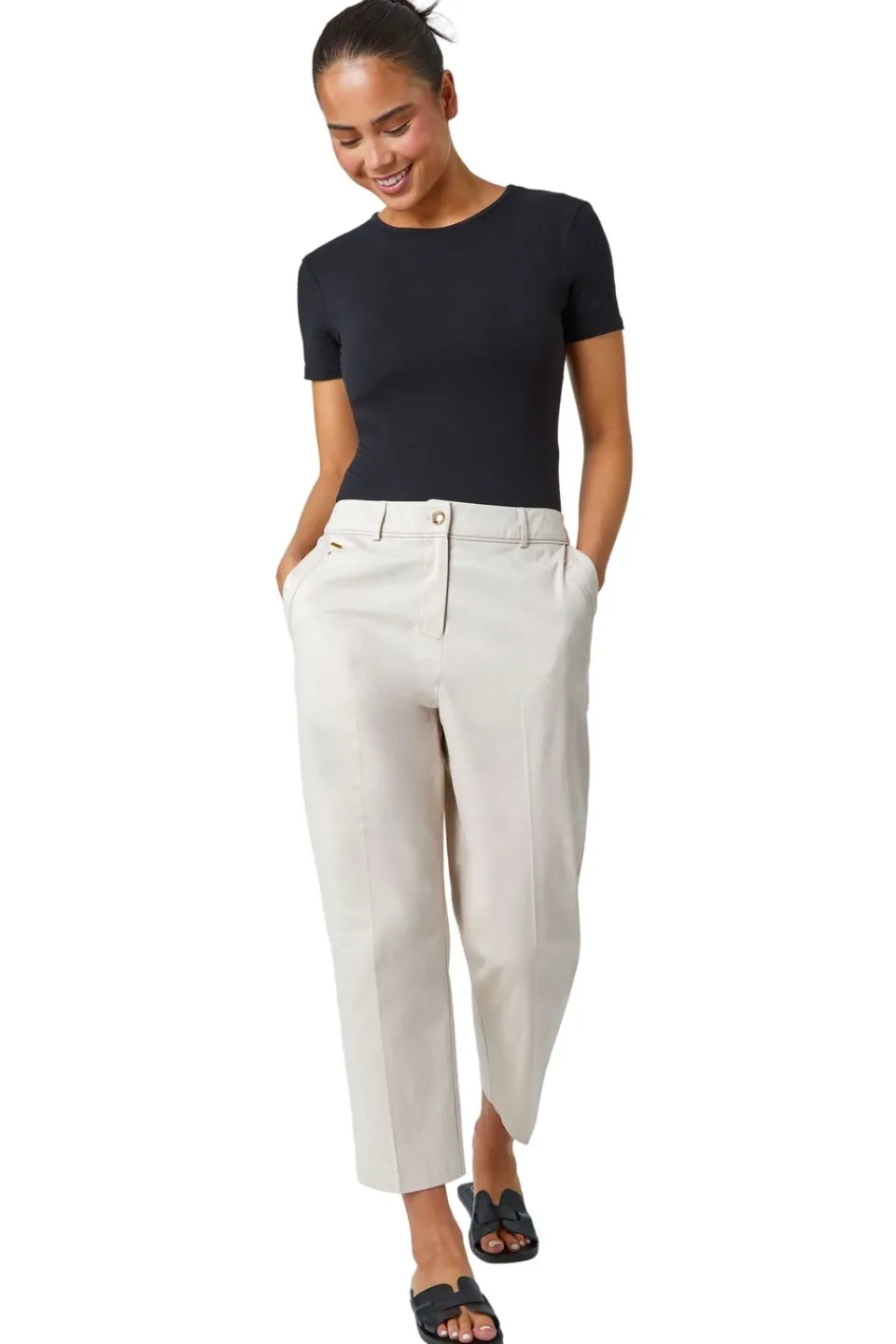 Trousers>Roman Petite Cotton Ankle Grazer Tapered Trousers Stone