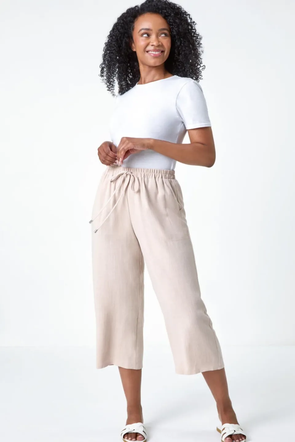 Trousers>Roman Stone Petite Linen Mix Wide Cropped Trousers